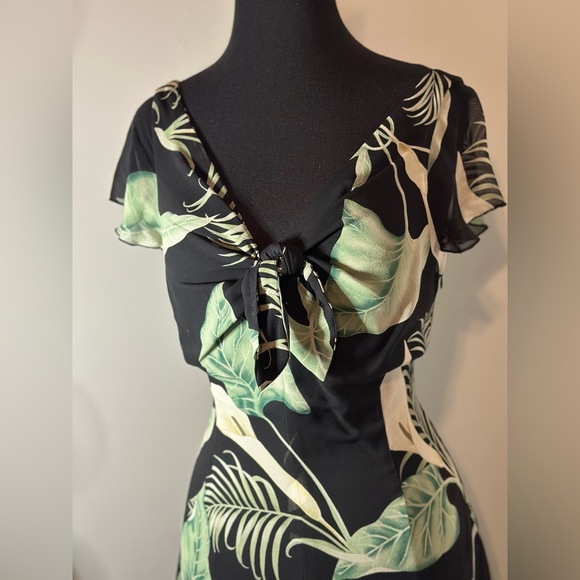 Tommy Bahama Womens 12 Black Green Tropical Leaf Tie Front Silk Maxi Dress - Picture 2 of 4